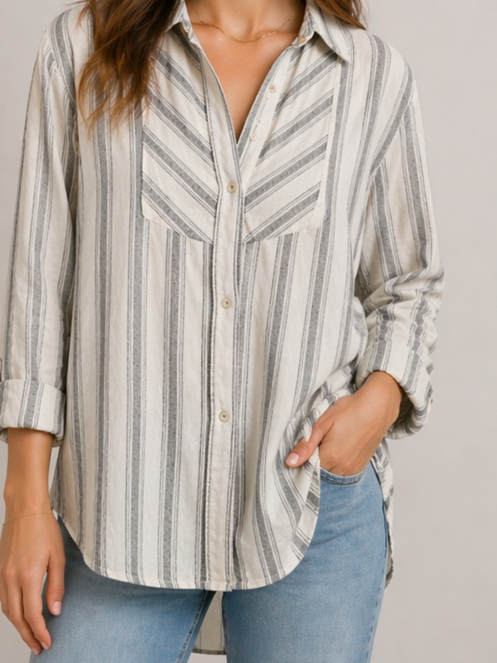 Anthropologie Striped Button Down Shirt 100% Cotton Oversized Fit Coastal Small